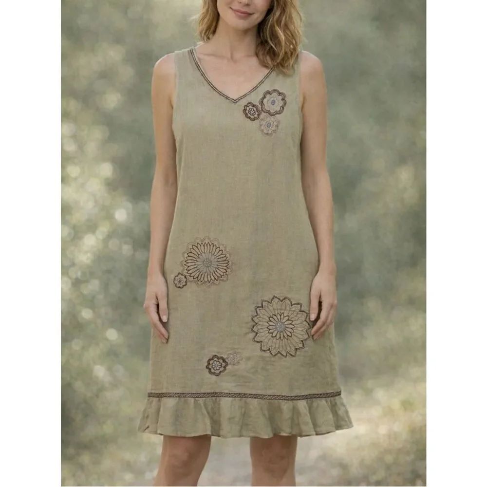 Russ Berens Floral Embroidery Sleeveless V-neck Linen Dress Size L